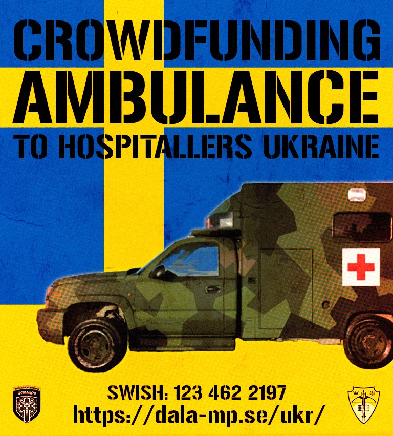 Ett par eldsjälar gör en gedigen insats och samlar ihop pengar för att köpa, serva, utrusta och köra ner en ambulans till mig. Den kommer att göra stor skillnad! Man kan alltid lita på en Dalkarl. 
Swish: 1234622197
dala-mp.se/UKR/
De saknar 25,000. Varje krona hjälper.