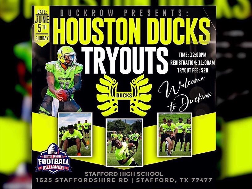 HoustonDucks's tweet photo. 🏈We will be hosting our Tryout Combine TOMORROW‼️

Registration will begin promptly at 11:00 AM. 

- If you have any questions or would like to send us your film/highlights, please email us at southhoustonducks@gmail.com -

#SemiProFootball #TexasFootball #SemiPro #HoustonDucks https://t.co/IifnpTAy7H