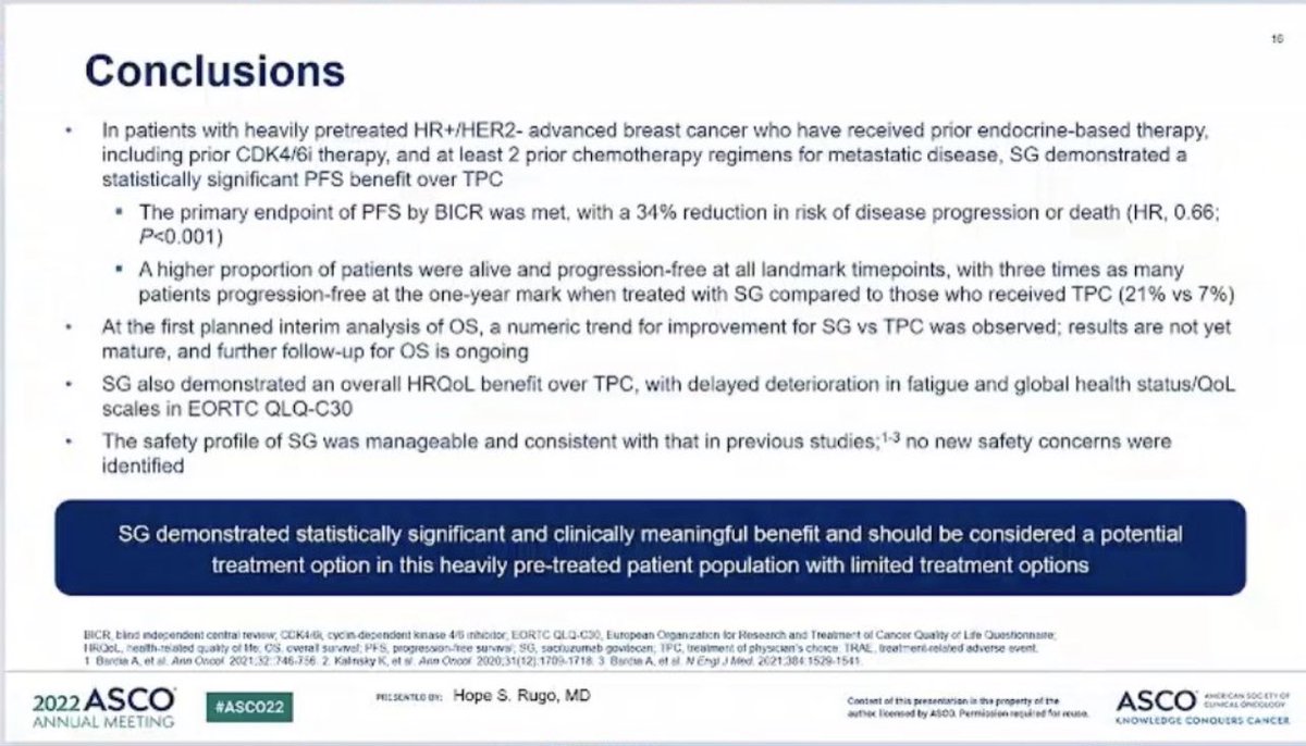 OncBrothers's tweet image. 3. #TROPICS2, Ph3, N=543, HR+ve mBC, #Sacituzumab govitecan vs TPC by @hoperugo 

- Improved mPFS (5.5 mos Vs. 4 mos) with Saci
- Immature  OS data (trend towards OS)
- 74% Vs 60% ≥ Grade 3 AEs with Sacituzumab 

4/5