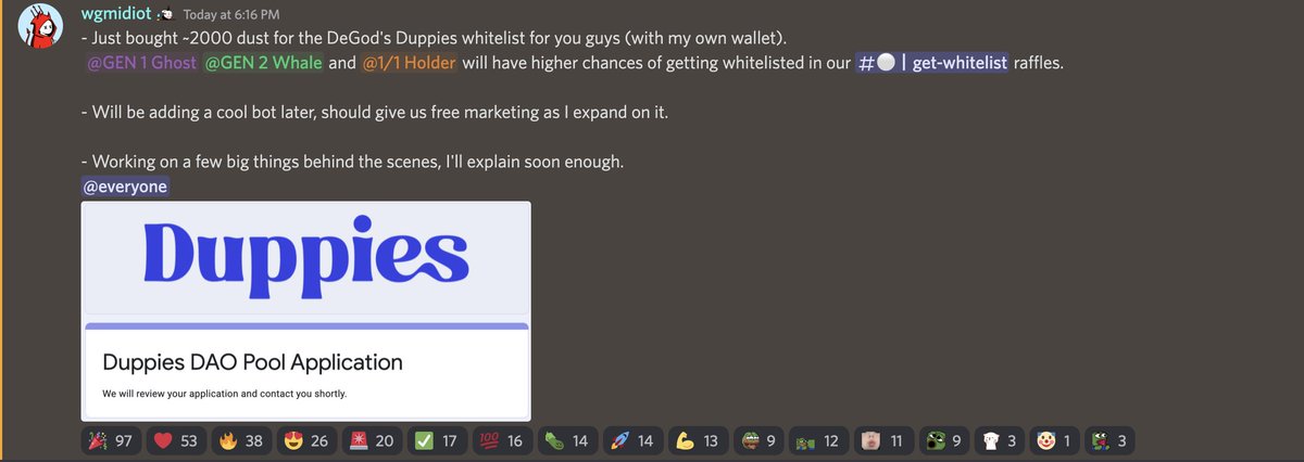 We've just acquired around 2000 $DUST ($7000) for the <a href="/DuppiesNFT/">Duppies (rebranded to y00ts)</a> mint.

Hopefully <a href="/frankdegods/">Frank</a> and <a href="/DeGodsNFT/">DeGods</a> approve 🤫