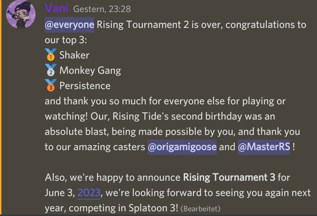 RisingTide_spl's tweet photo. Congratulations to @ShakerSplatoon for winning and thank you to @origamigoose_ and @The_MasterRS for casting! https://t.co/u3WgsaXFnK