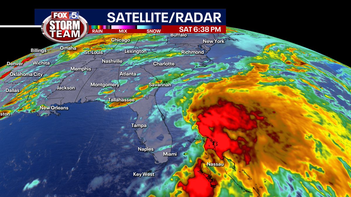 JStaceonFOX5's tweet photo. Potential Tropical Cyclone One is now east of the Florida peninsula and moving over the Bahamas before aiming towards Bermuda by Monday. #gawx @FOX5Atlanta https://t.co/PSuyMJnzUE