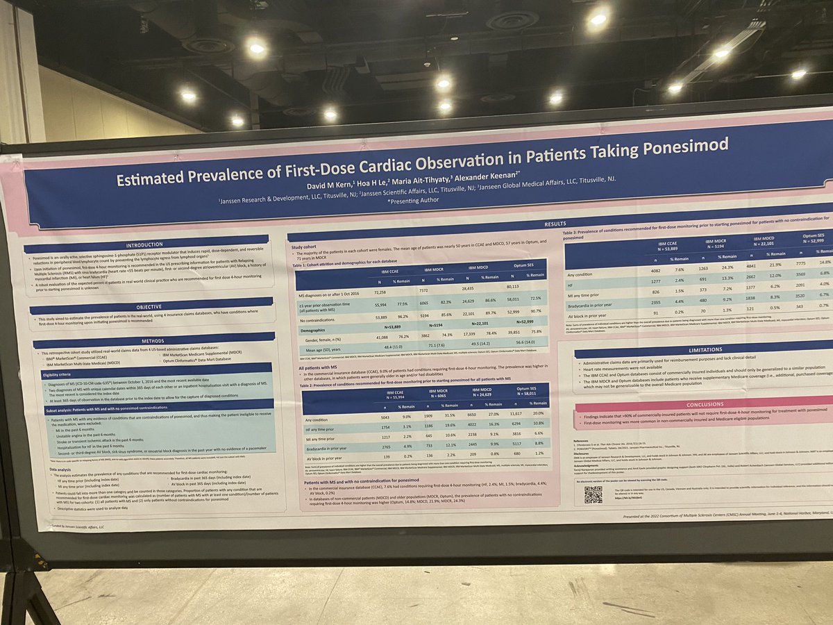 KantorNeurology's tweet photo. #CMSC22: #Ponvory #Ponesimod #Janssen poster on the prevalence of conditions requiring 4-hour first dose #FDO — to find what % of people with #MS would require it, they (interestingly) used claims datasets, like @IBMData @IBM Marketplace https://t.co/DyOMQ7o4Bt