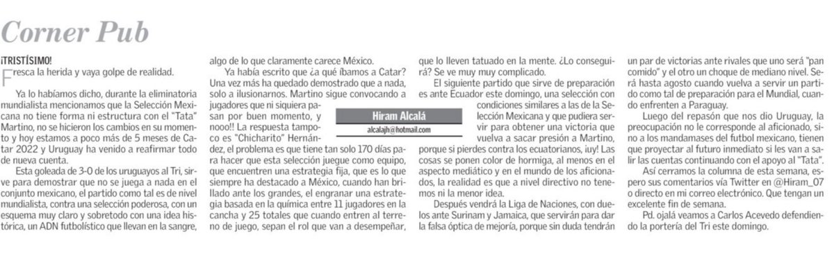 Hiram_07's tweet photo. Esta semana en mi columna #CornerPub de El Siglo de @Torreon, hablamos sobre la realidad de la Selección Nacional de México, luego de la goleada de 3-0 que les propinó Uruguay.
https://t.co/msIm9cArNJ https://t.co/AdIQGQzHTs
