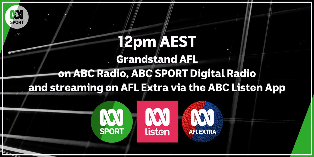 📻 Up next … Grandstand AFL with @CorbinMiddlemas, @Larnell13 and @BrettDeledio07 on @abcsport! 🚨🎙️ 📱 Hear the program on ABC Radio, ABC SPORT Digital Radio, and streaming on AFL Extra via the ABC Listen App: 👇 bit.ly/abcLISTEN #AFL