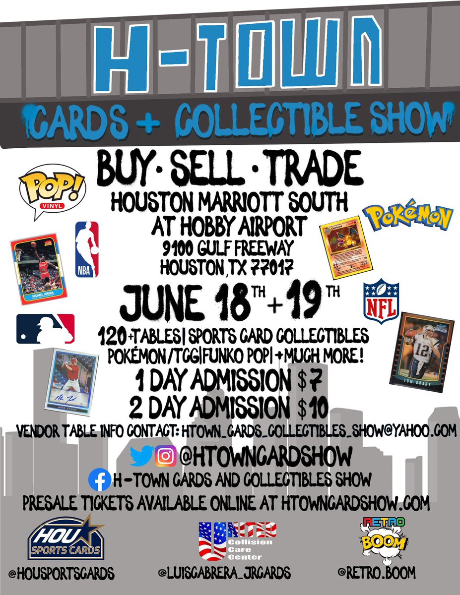 Come find us in the back left corner! We’ll have everything from football, basketball, baseball, and soccer! From 50 cent cards to high end slabs. Yes we are buying! Let’s make some deals 🤘🏽🤘🏽 <a href="/htowncardshow/">H Town Card Show</a>