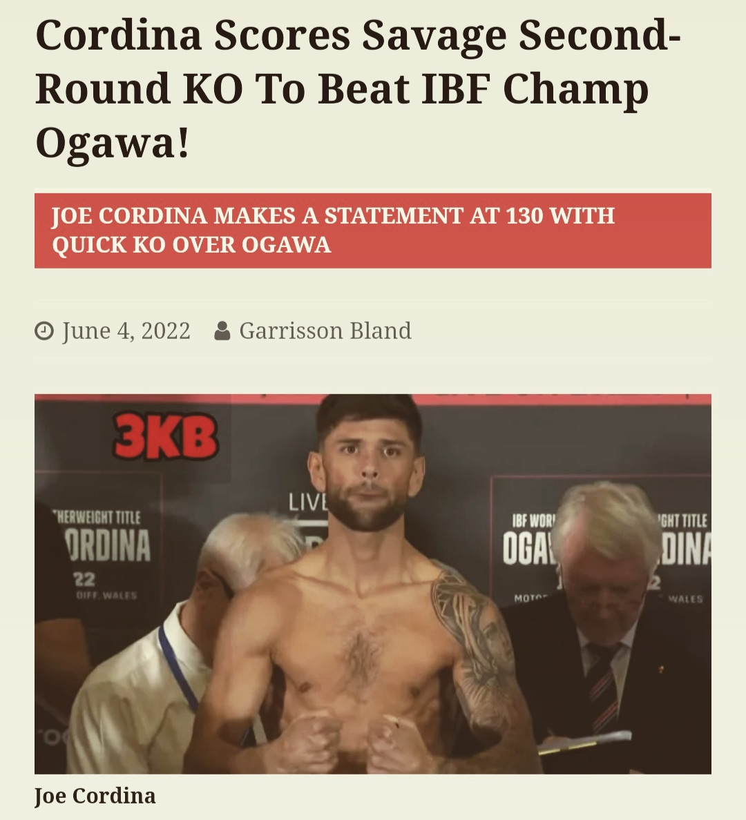 3KingsBoxing's tweet photo. In his first attempt at a full world title a determined @JoeCordina_91 knocked out @KenichiOgawa201 in the second round to take his belt and become the new #IBF #juniorlightweight champion!
https://t.co/68XhbwBZT6
#CordinaOgawa #BoxingNews #BoxingMedia #Sports #3KB #3KingsBoxing https://t.co/UH8u5hVwKv