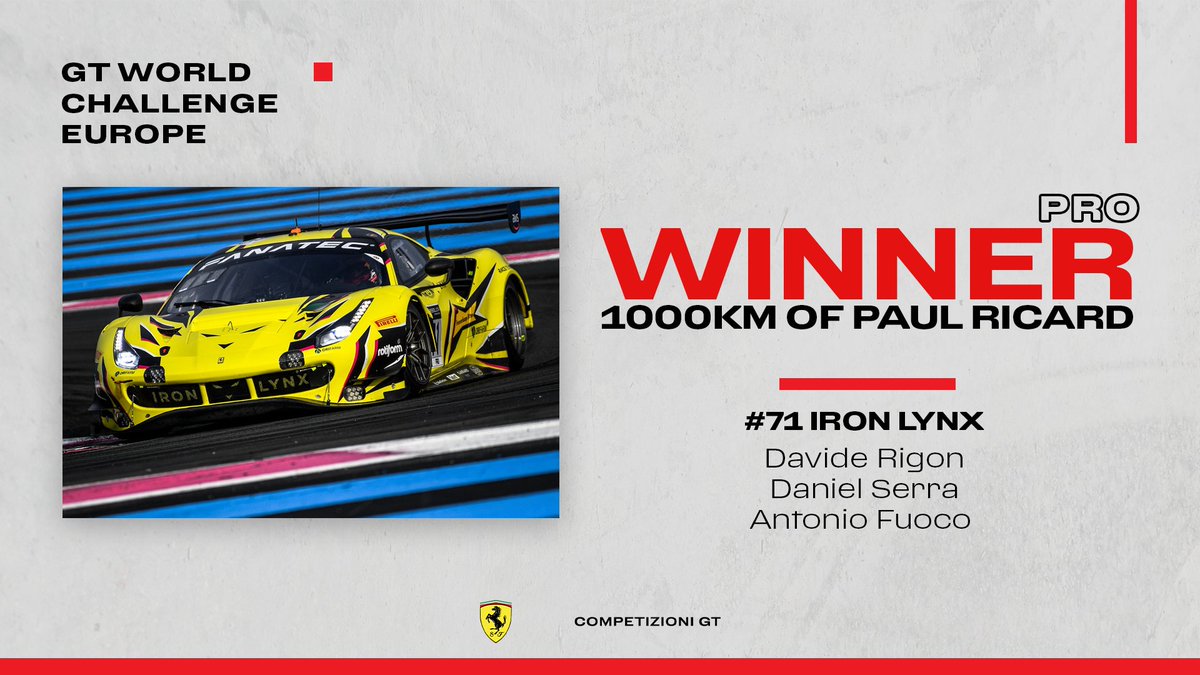 VICTORY 🏆🎉 Congrats to @rigondavide, @DanielSerra29 and @Anto_Fuoco for taking the win in the @GTWorldChEu 1000Km of Paul Ricard at the wheel of the #71 @IronLynx_ #Ferrari488GT3Evo2020! Kudos to our winners 👏🏻👏🏻👏🏻 #FerrariCompetizioniGT #FerrariRaces