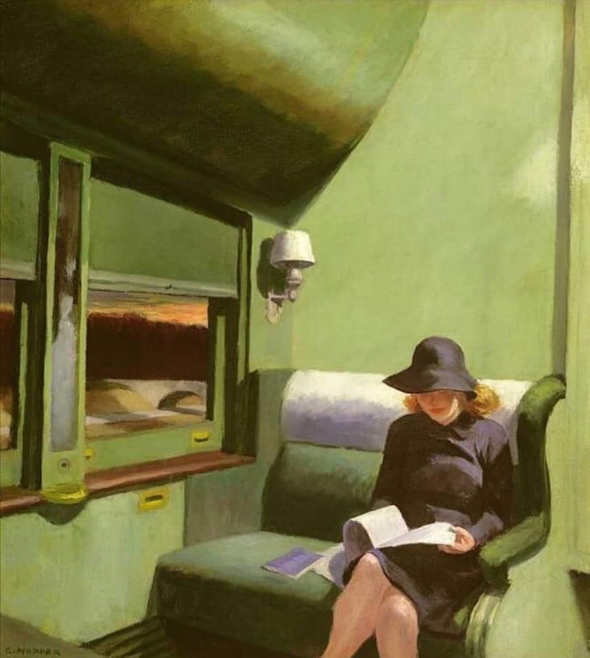 Edward Hopper
'Compartment C, Car 293'   1938

Se non dovessi tornare,
sappiate che non sono mai
partito.
Il mio viaggiare
è stato tutto un restare
qua, dove non fui mai.

GiorgioCaproni