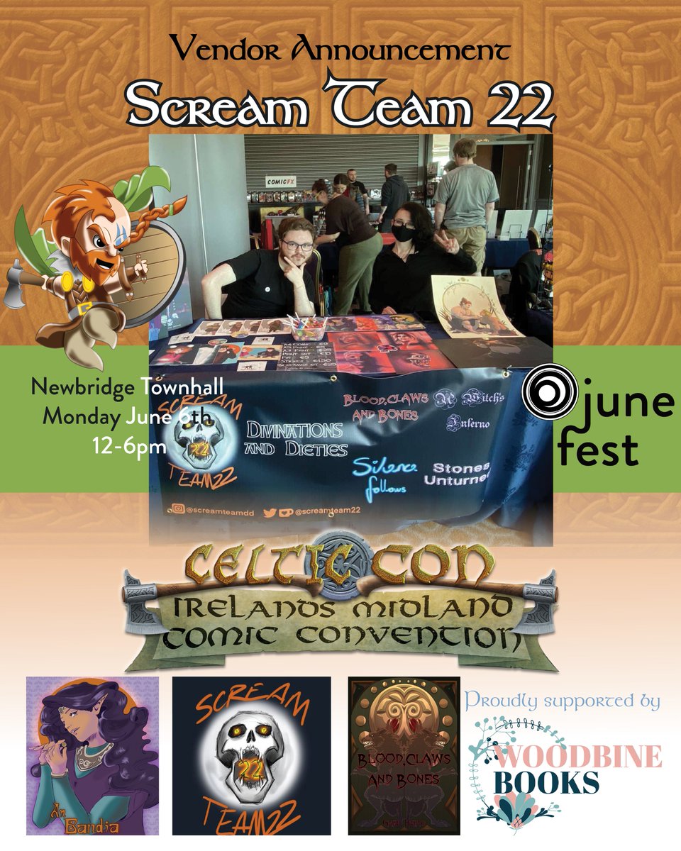 Celtic_Con's tweet photo. Confirmed Vendor announcement
@ScreamTeam22
CelticCon at @June_Fest Newbridge -
Monday 6th June in Newbridge Townhall!
FREE ENTRY
Join us and the development of our new anthology comic series! Divination and Deities!
#celticcon #comiccon #junefest https://t.co/FPlNF2Sgkr