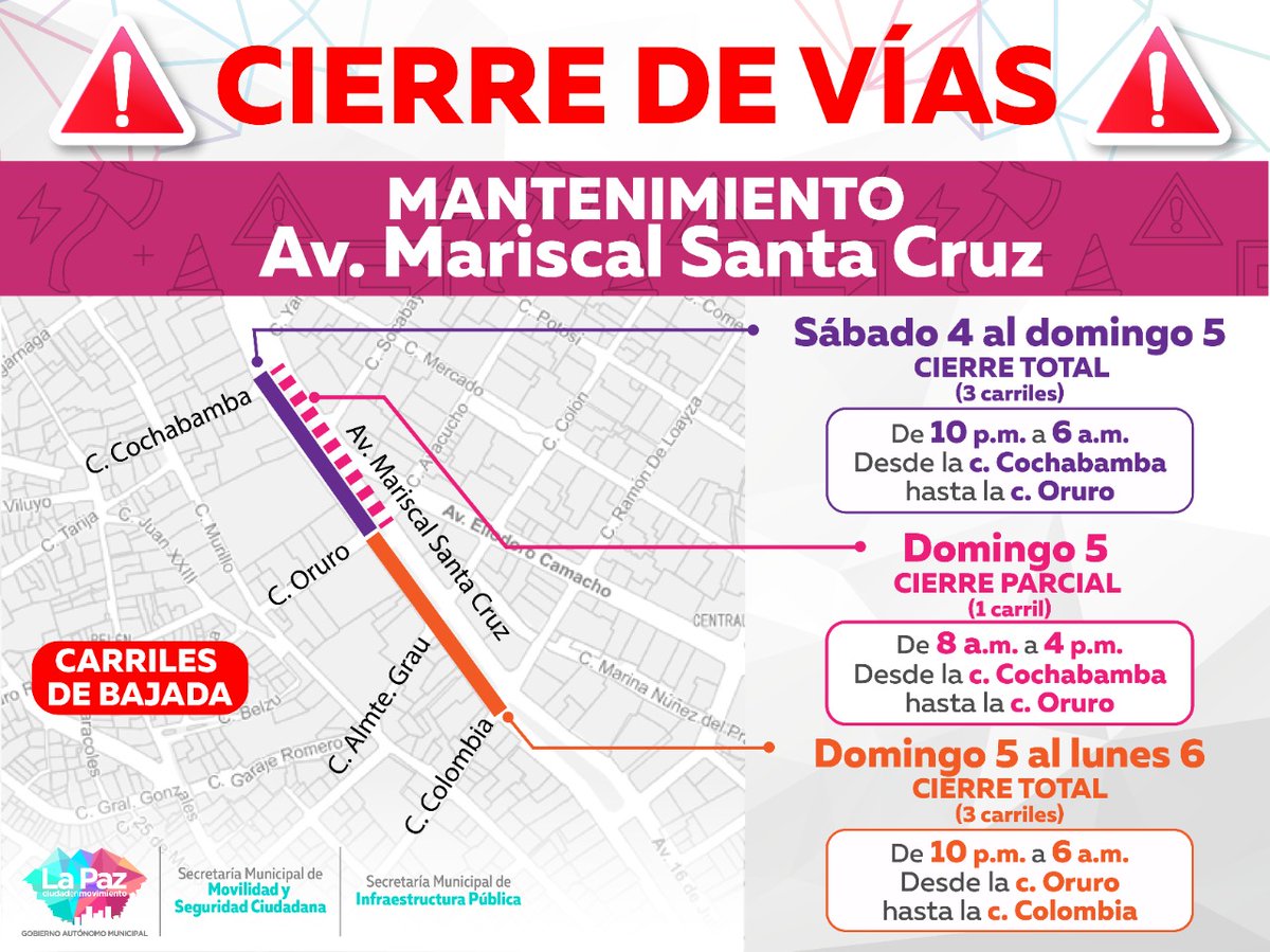 LaPazAlcaldia's tweet photo. #GAMLPInforma | ¡Toma tus previsiones!, hoy sábado y mañana domingo, se presentan cierre de vías en la #AvMariscalSantaCruz.
#EstamosTrabajando
#LaPazEnPaz
#LaPazEnMovimiento
#PorElBienComún https://t.co/ogIQabEcR0