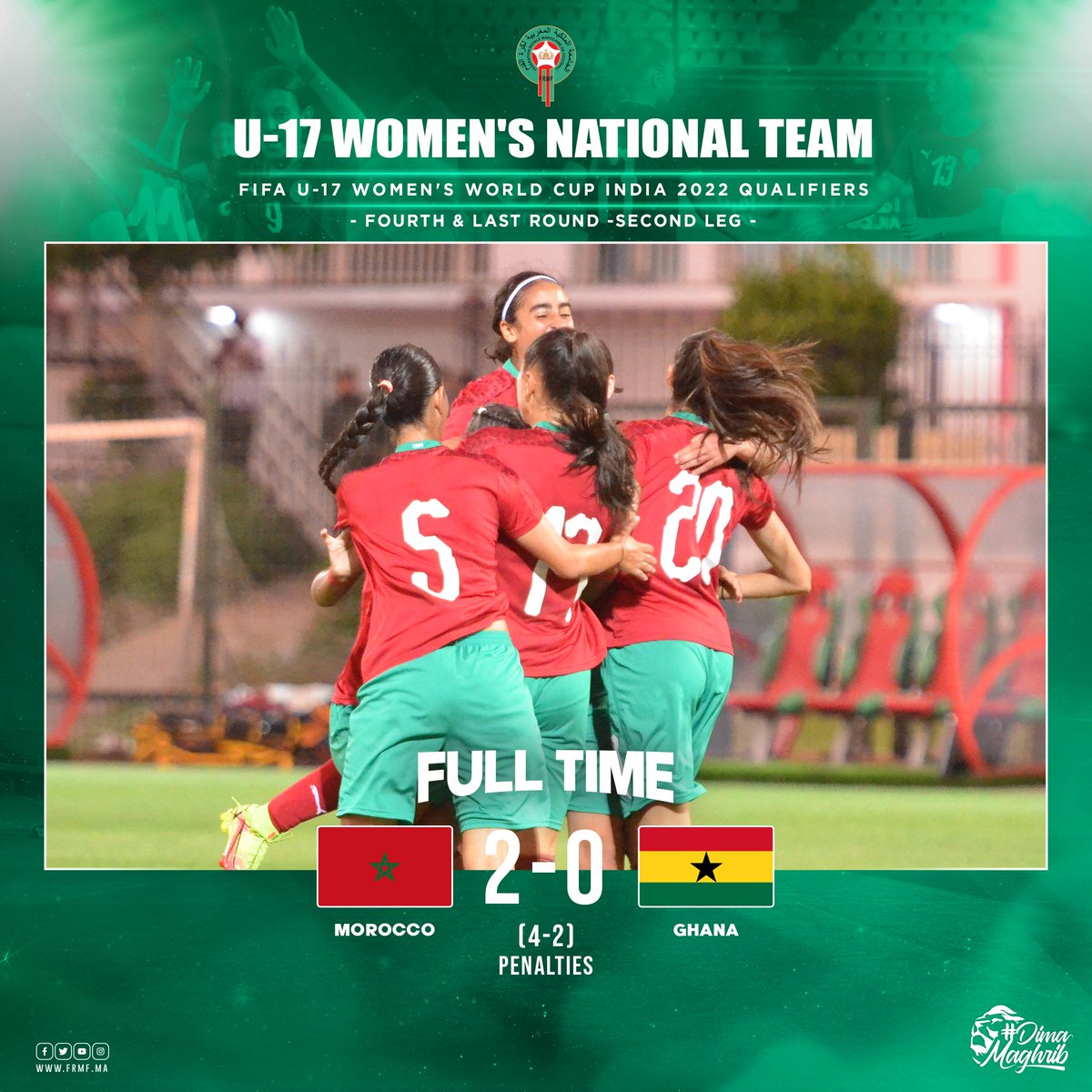 EnMaroc's tweet photo. 🚨Full time and it’s a win for our U-17 Women’s National Team who are qualified for FIFA U-17 Women’s World Cup India 2022 !
𝗖𝗼𝗻𝗴𝗿𝗮𝘁𝘂𝗹𝗮𝘁𝗶𝗼𝗻𝘀 🤩

#DimaMaghrib 🇲🇦 #OneGameOneFamily https://t.co/FE3fMpEjr4