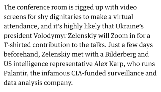 caitoz's tweet photo. Zelensky has been making video appearances at western pop culture events and film festivals, he appeared at the World Economic Forum two weeks ago, and now he's expected to speak at Bilderberg. Perfectly normal grassroots organic stuff.
https://t.co/UM9XrSKeES https://t.co/WcYT1qjPXX