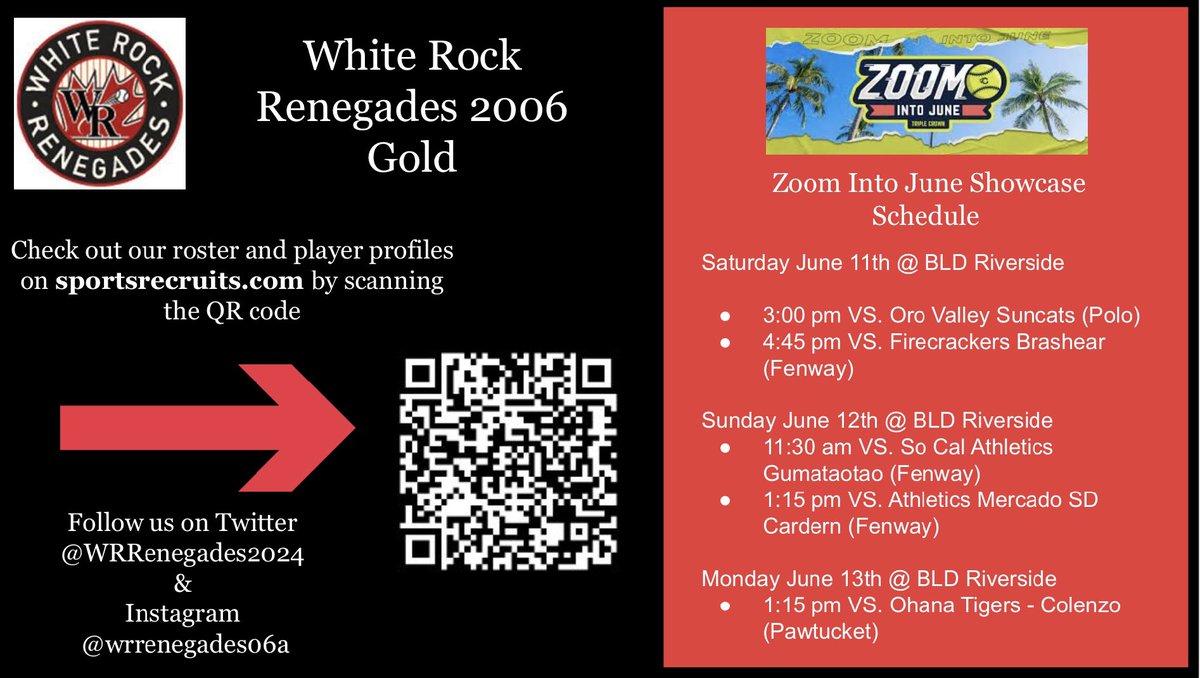 WRRenegades2024's tweet photo. Here is our scheduled for next weekends Zoom into June! College coaches should come by and see what Canada has to offer 🇨🇦🥎 https://t.co/CX4QzUiMTl