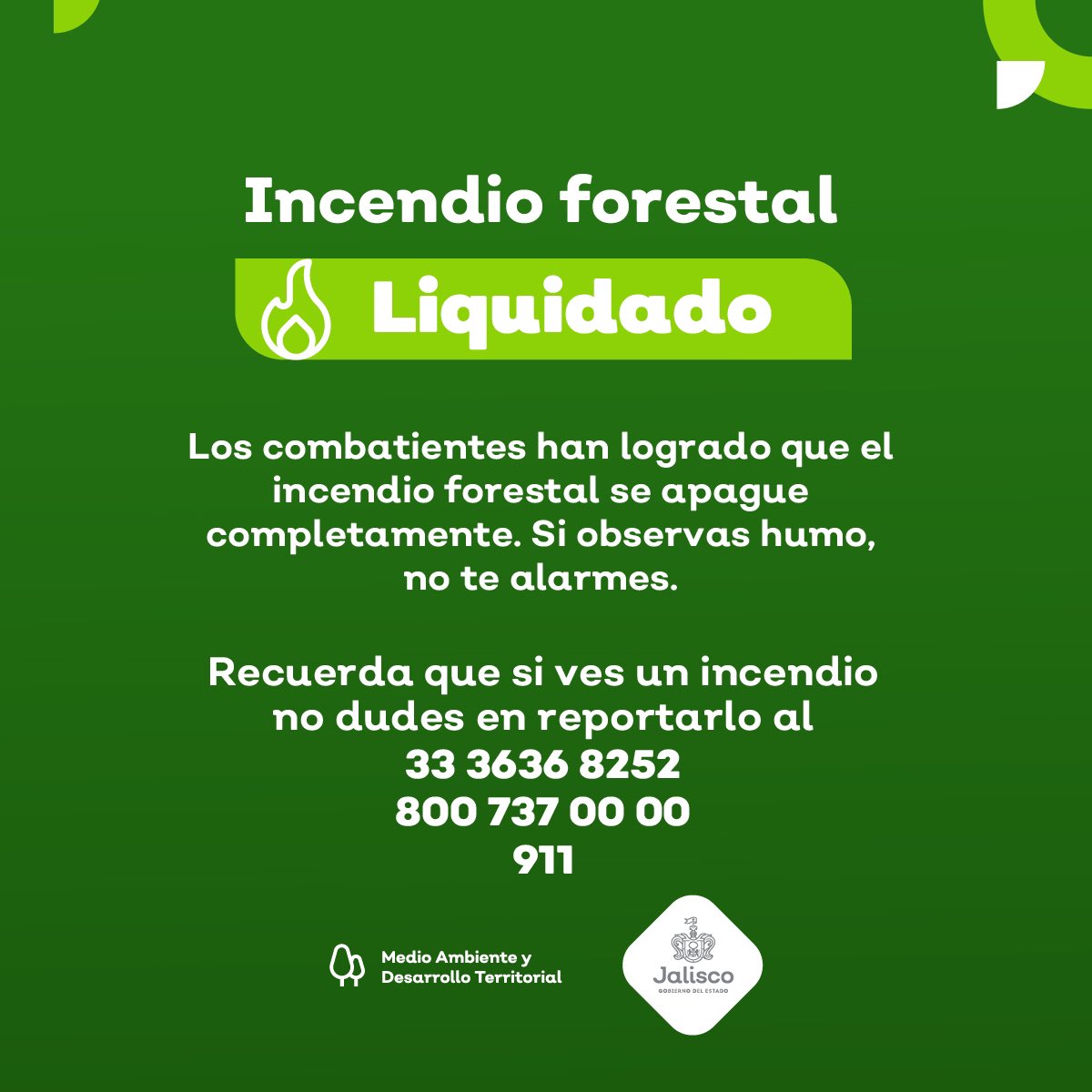 SemadetJal's tweet photo. #Actualización 

Se reporta liquidado #IncendioForestal en el paraje Los Tamales, dentro del ANP @BosquePrimavera.

Combatieron 18 elementos de la #Samadet, OPD #BosqueLaPrimavera y @UMPCyBZ. https://t.co/Bfzy9TUY1b