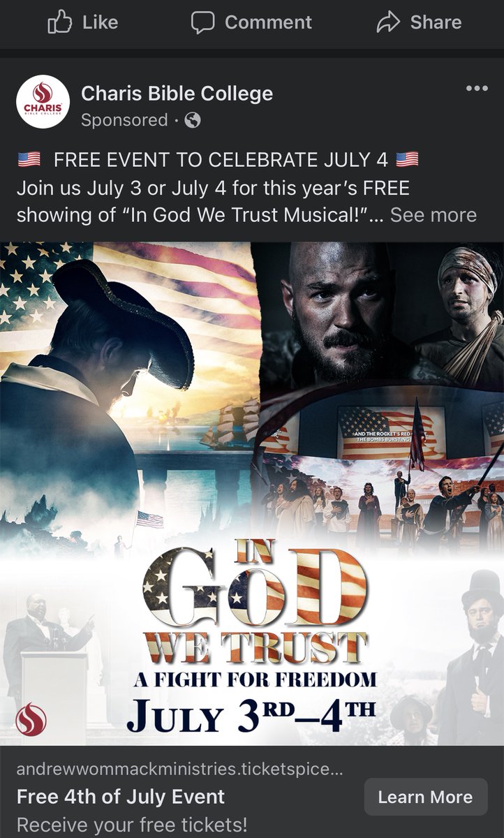 What could be more Christian than watching a musical about Trusting God and Fighting for Freedom on July 4? With special cameos by Honest Abe, pilgrims, battlefield imagery, 6 flags (plus a flag bandana), American flag fonts, and a random preacher?  <a href="/kkdumez/">Kristin Du Mez</a>
