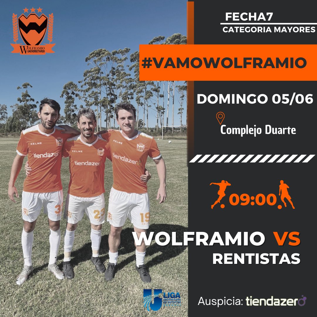 MAYORES <a href="/LUD_Oficial/">Liga Universitaria de Deportes</a> 

WOLFRAMIO 🆚 RENTISTAS

🗓 Domingo 5 de junio
📍Complejo Duarte
🕗 09:00

#VamosWolframioDeMiCorazon