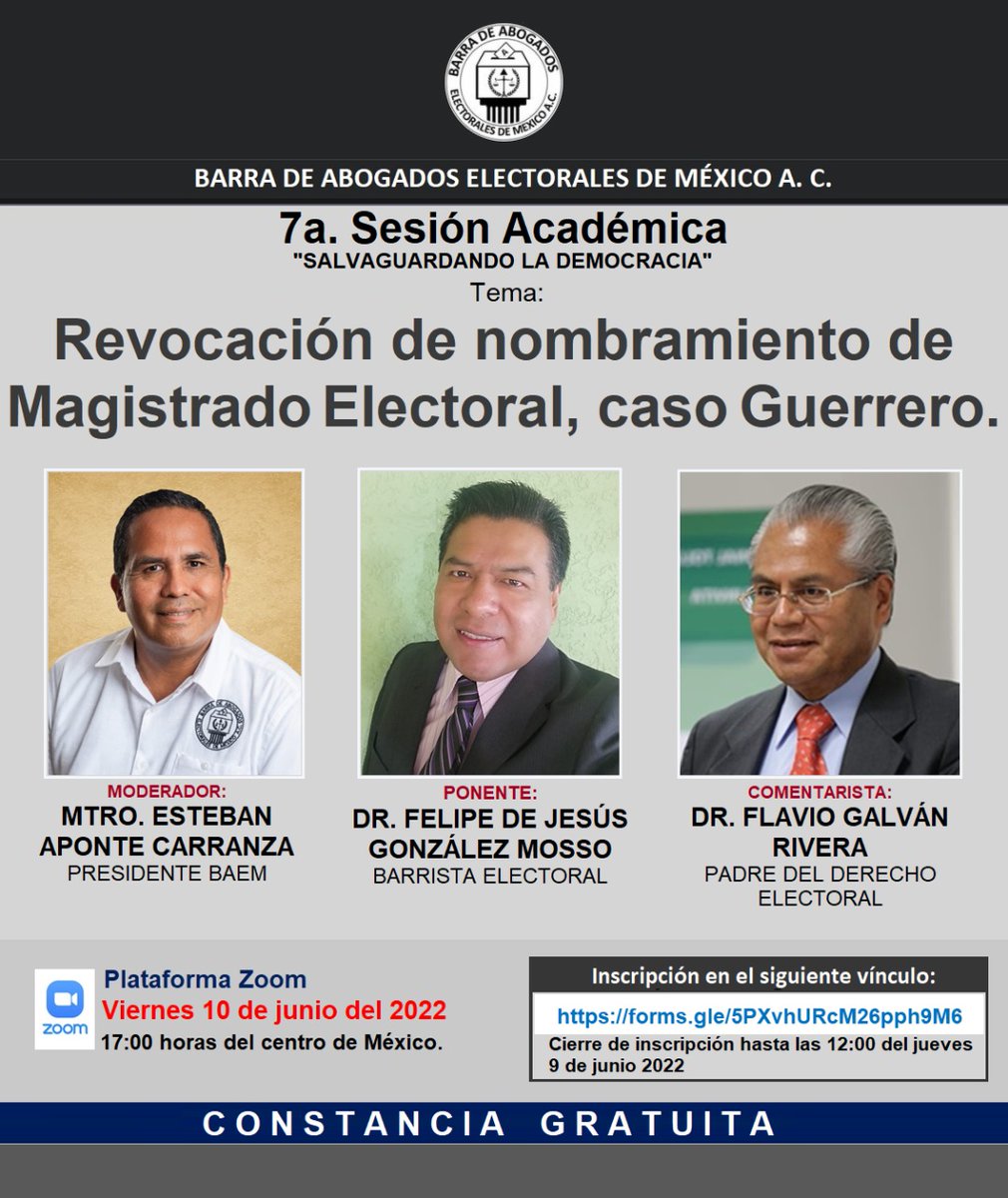 BElectorales's tweet photo. BARRA DE ABOGADOS ELECTORALES DE MÉXICO A.C.

               I N V I T A

          ⚜7a SESIÓN SALVAGUARDANDO LA DEMOCRACIA

🗓️FECHA: VIERNES 10 DE JUNIO DEL 2022.

⏰17 HRS (CENTRO DE MÉXICO)

📌INSCRIPCIONES EN EL SIGUIENTE VÍNCULO:

https://t.co/KBhLasv3sw
CONSTANCIA GRATUITA https://t.co/VHi2WS3pFo