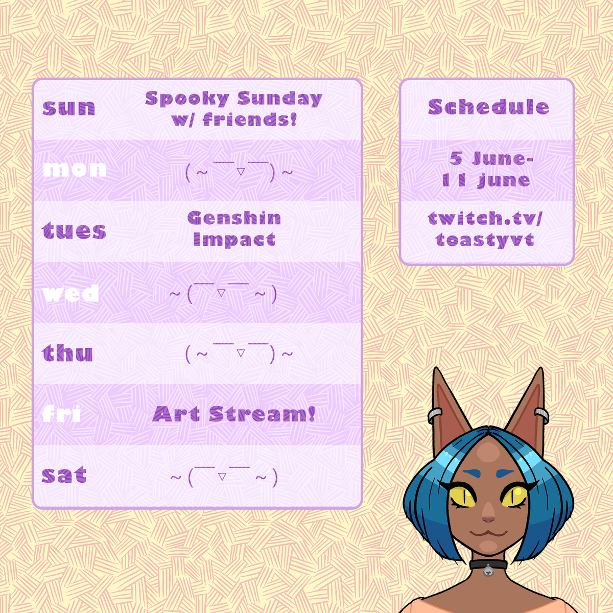 toastyclaws's tweet photo. Stream Schedule! ヾ(≧▽≦*)o
#Vtuber #VTuberEN #VTuberUprising #GenshinImpact #SpookySunday #Clawrt https://t.co/zoKMyjWW1S