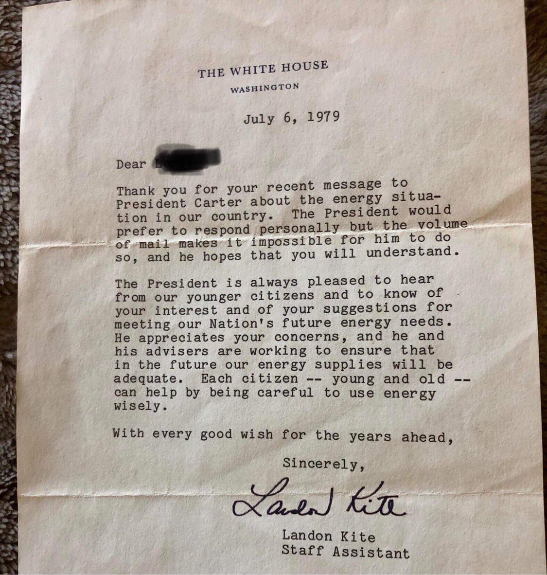 A friend found the letter sent in response to her 11-yr old self expressing concern to President Carter about future energy needs;  43 yrs later, she recalls her mom’s worry during the 70s energy crisis - “the moral equivalent of war”. <a href="/CarterLibrary/">Jimmy Carter Presidential Library</a> #UseEnergyWisely #dejavu