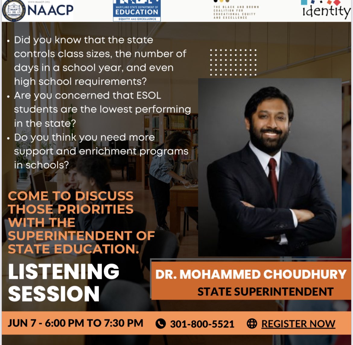 Dr. Rudy Ruiz (@drrudyruiz) on Twitter photo Important community conversation happening via Zoom this Tue. evening w/Maryland State Superintendent Choudhury, a joint collaboration facilitated by the Black & Brown Coalition for Educational Excellence and Equity and <a href="/MdPublicSchools/">Maryland State Department of Education</a> - register here 👇🏽
us02web.zoom.us/meeting/regist… Important community conversation happening via Zoom this Tue. evening w/Maryland State Superintendent Choudhury, a joint collaboration facilitated by the Black & Brown Coalition for Educational Excellence and Equity and <a href="/MdPublicSchools/">Maryland State Department of Education</a> - register here 👇🏽
us02web.zoom.us/meeting/regist…