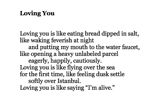 "Loving you is like saying 'I'm alive.'"

Nazim Hikmet (trans. by Randy Blasing and Mutlu Konuk):