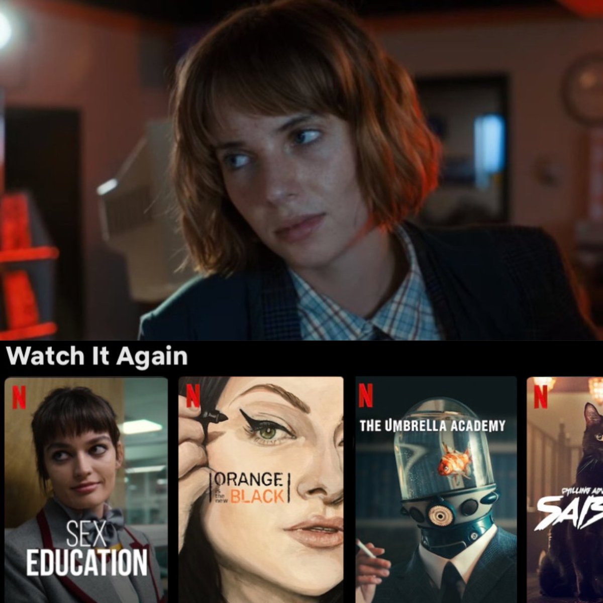 snacksizedgate's tweet image. Stranger Things Characters + what's in their Netflix "Watch It Again": a thread