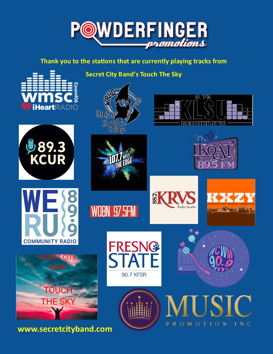 We have the first week of radio promo for Secret City Band's "Touch The Sky" in the books. These twelve stations are playing tracks from the album. More stations to come. Thank You. Much Appreciated!!