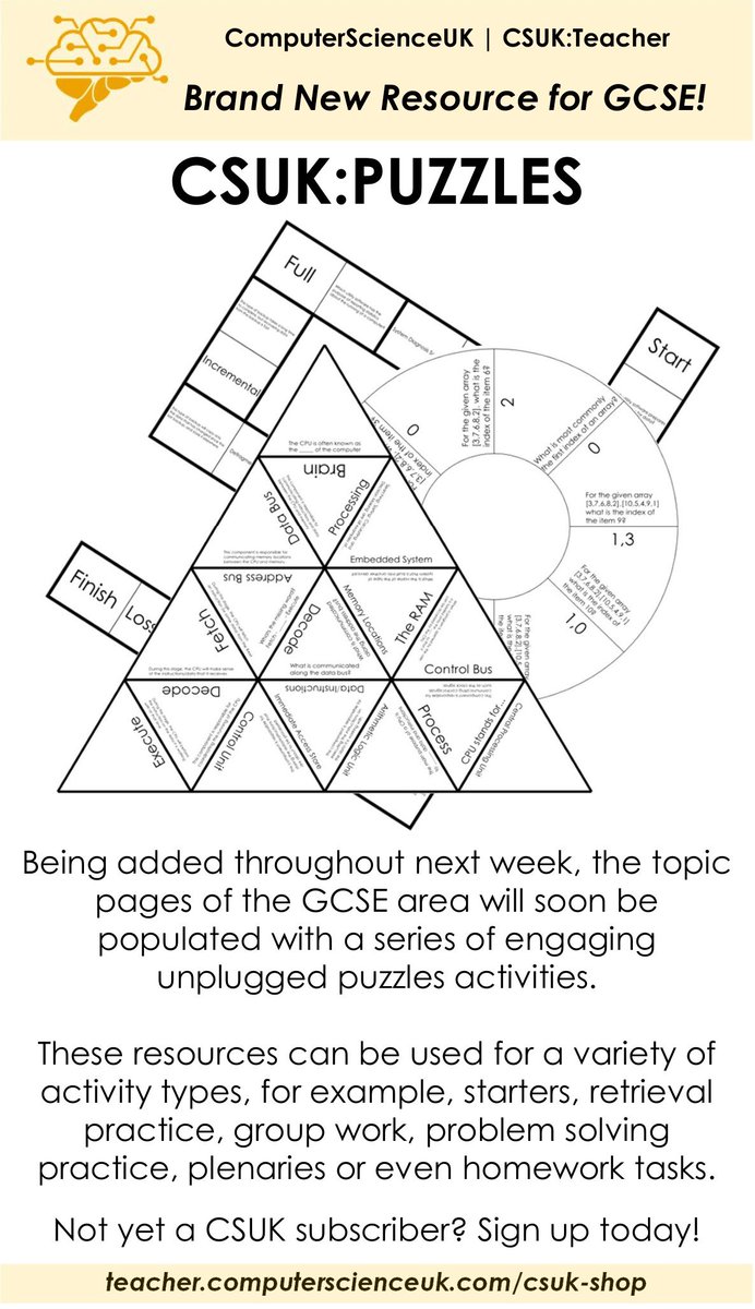 **New Resources**
Very excited to announce a new series of resources coming to CSUK:Teacher next week...Puzzles (unplugged) for GCSE!
teacher.computerscienceuk.com/csuk-shop

#teachingresources #caschat #teaching #computerscience #computerscienceteaching #gcsecomputerscience #gcses2022