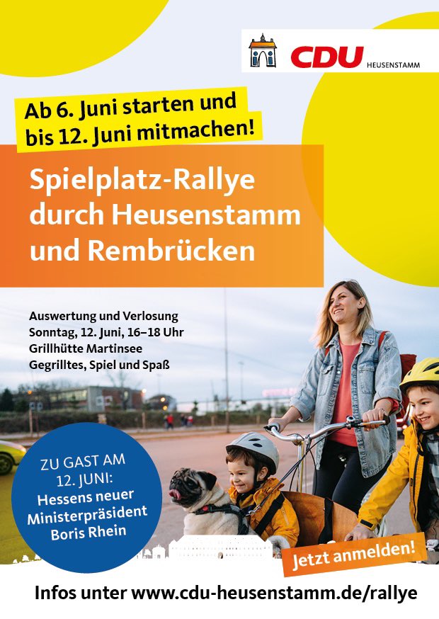 Steffen Ball (@steffenball) on Twitter photo Die #CDU #Heusenstamm lädt ein, die Heusenstammer Spielplätze sportiv und umweltbewusst, z. B. mit dem Fahrrad oder Inlinern spielerisch zu erkunden. Abgabe und Auswertung der Lösungen am 12. Juni von 16 – 18 Uhr an der Grillhütte am Martinsee. Info: www.cdu-heusenstamm/Rallye Die #CDU #Heusenstamm lädt ein, die Heusenstammer Spielplätze sportiv und umweltbewusst, z. B. mit dem Fahrrad oder Inlinern spielerisch zu erkunden. Abgabe und Auswertung der Lösungen am 12. Juni von 16 – 18 Uhr an der Grillhütte am Martinsee. Info: www.cdu-heusenstamm/Rallye
