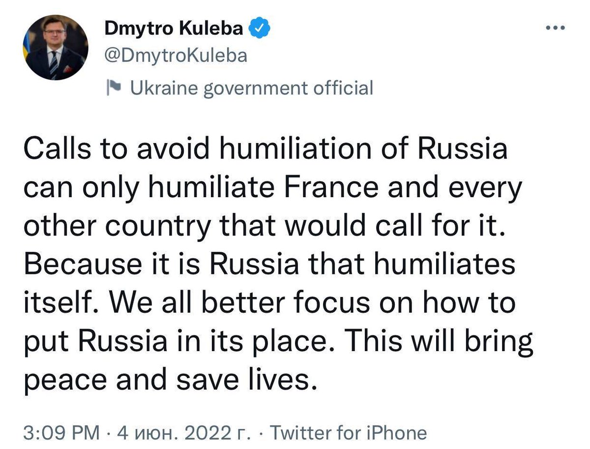 TranslatedwarEN's tweet photo. Dmytro Kuleba responded to calls from France "not to humiliate" Russia https://t.co/y7DzqeXHiA