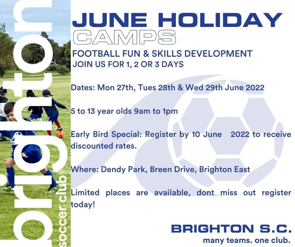 Our June school holiday training camp is back! 
Brighton Soccer Club, Dendy Park, Brighton East.

REGISTER TODAY TO AVOID DISAPPOINTMENT!

#brightonsc
#manyteamsoneclub

form.jotform.com/220798161800859