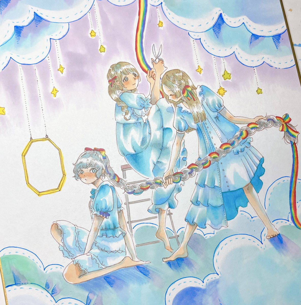「今日持っていく色紙です!完成版は着いたら撮ります!!人魚のメイドと夜空の女の子た」|相澤いくえ｜新刊通販中！のイラスト