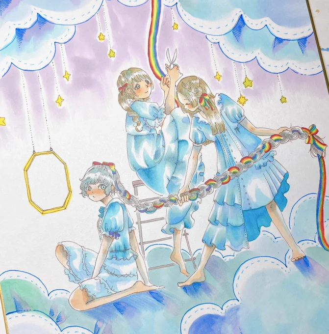 今日持っていく色紙です!完成版は着いたら撮ります!!人魚のメイドと夜空の女の子たち! ! 