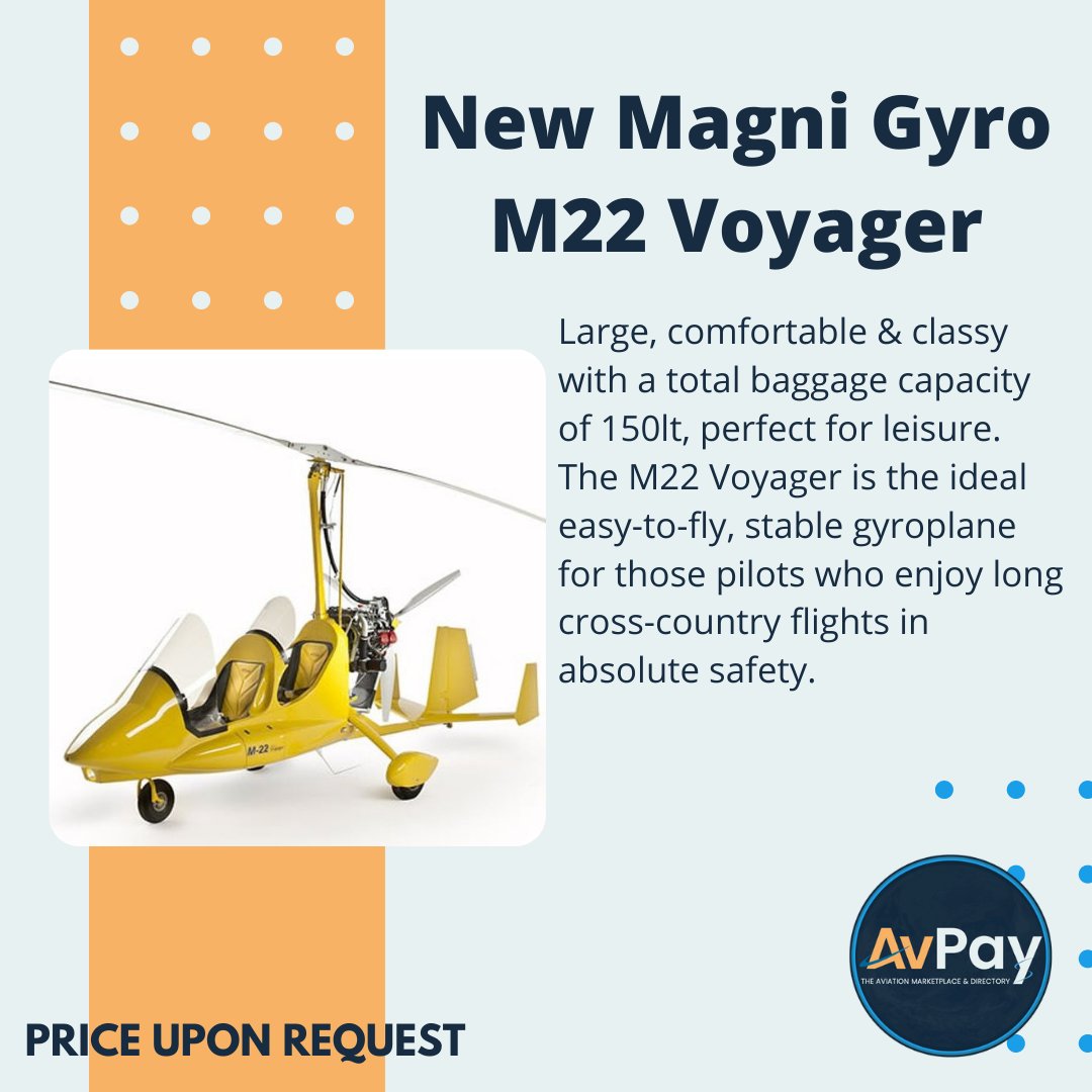 Full details at avpay.aero/company/magni-… 

#gyrocopter #gyrocopters #magnigyro #gyroplane #pilotlife #aircraftsales #aircraftforsale #avpay #aircraft #pilots