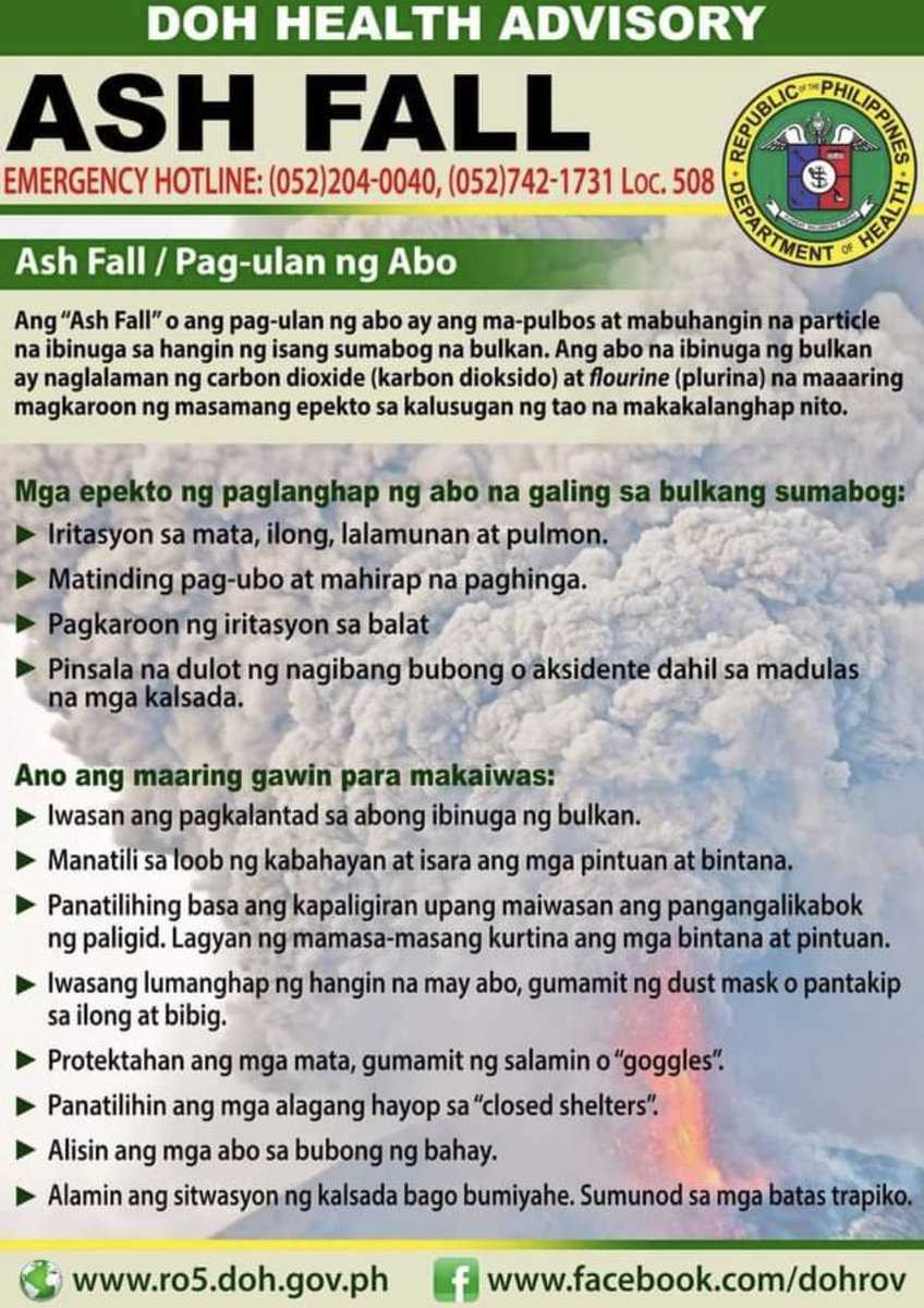 ABSCBNNews's tweet photo. BASAHIN: Nag-labas ng advisory ang Department of Health Bicol Region ng mga paraan kung paano mapoprotektahan ang sarili mula sa pag-ulan ng abo o volcanic ash dulot ng Mount Bulusan eruption sa Sorsogon ngayong Linggo.

Basahin: https://t.co/UavBoQqISi https://t.co/NpEU1t2yxY