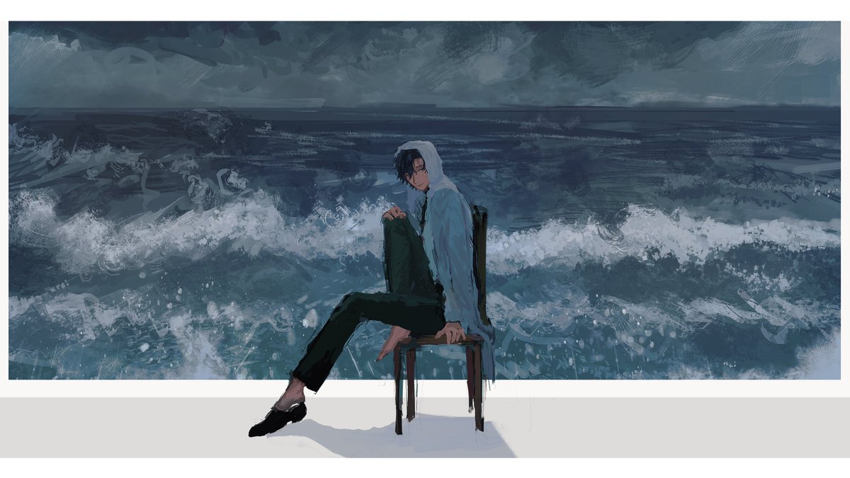 sitting solo waves ocean 1boy pants chair  illustration images