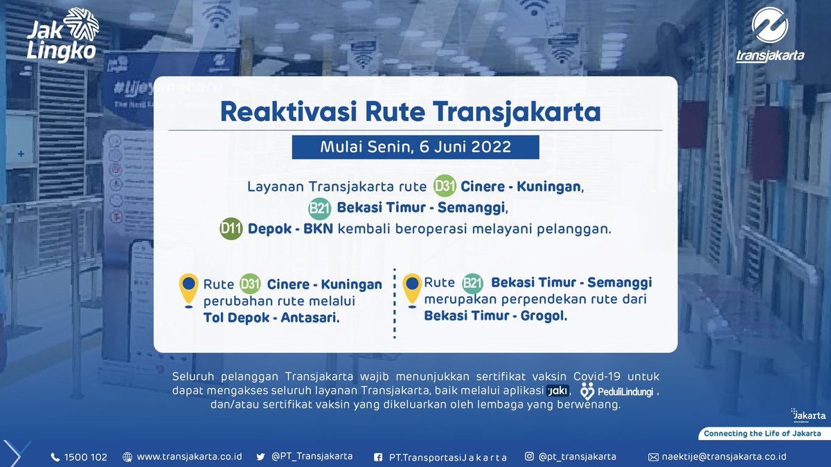 PT_Transjakarta's tweet photo. Sahabat TiJe, mulai Senin, 6 Juni 2022

Layanan Transjakarta rute D31 (Cinere - Kuningan), B21 (Bekasi Timur - Semanggi), dan D11 (Depok - BKN) kembali beroperasi melayanai pelanggan. https://t.co/WwQPZH3xFD