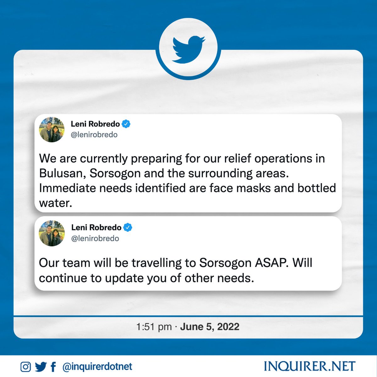 inquirerdotnet's tweet photo. ‘OUR TEAM WILL BE TRAVELLING TO SORSOGON ASAP’

LOOK: Outgoing Vice President Leni Robredo announces that her team is set to go to Sorsogon to deliver aid to those affected by the phreatic eruption of Bulusan Volcano on Sunday. https://t.co/NeMozPbwcn