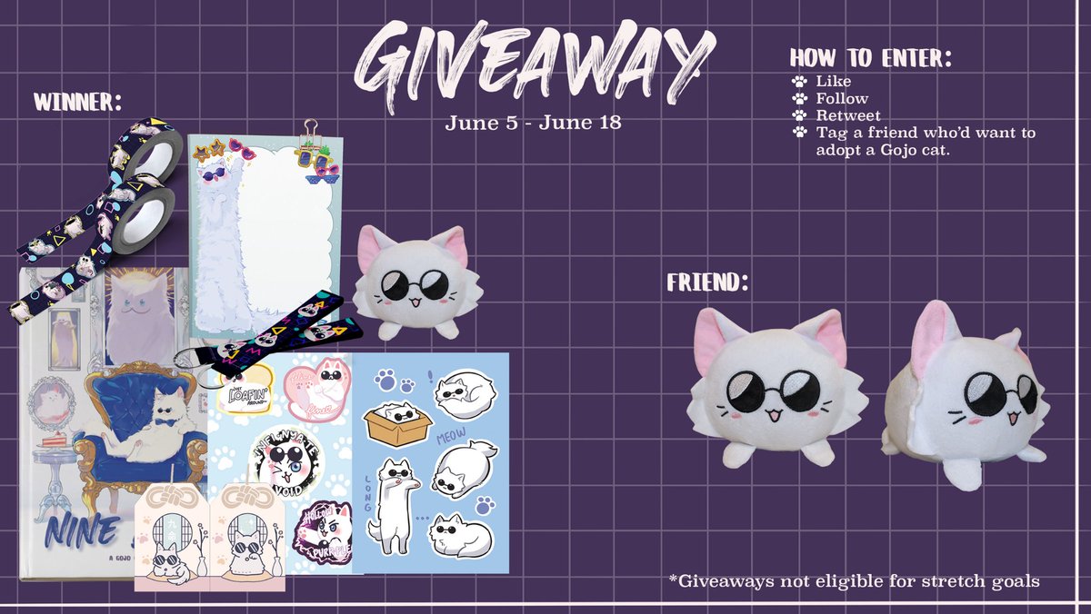 ✨Giveaway🕶️
Open till June 18 (8 p.m. cst)

Call animal control! We've been trying to GIVE Gojo Cat AWAY, but he keeps coming back!

You and one friend could win the following: 
(Rules below)