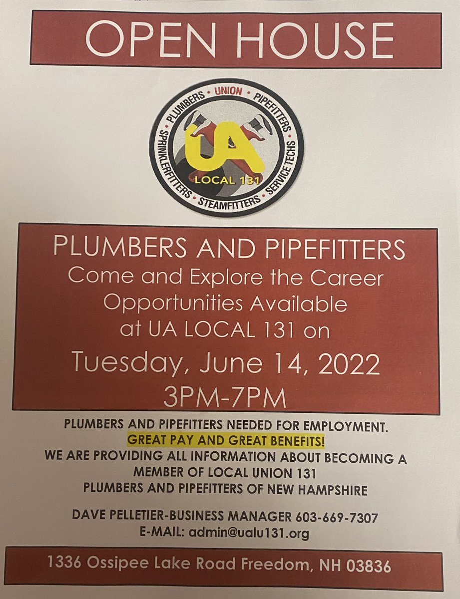 New Hampshire Journeyman Plumbers…Tired of chasing a career with no retirement..come by the Open house and hear what LU131 has to offer!!