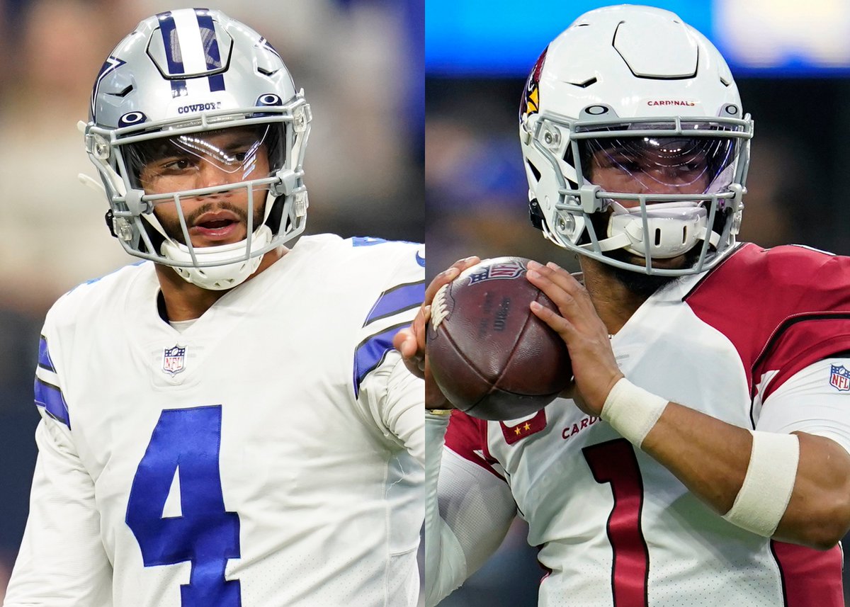 FanDuel's tweet image. Which QB would you rather have on your team? 🤔
❤️ for Dak Prescott
🔁 for Kyler Murray
#DallasCowboys | #BirdCityFootball