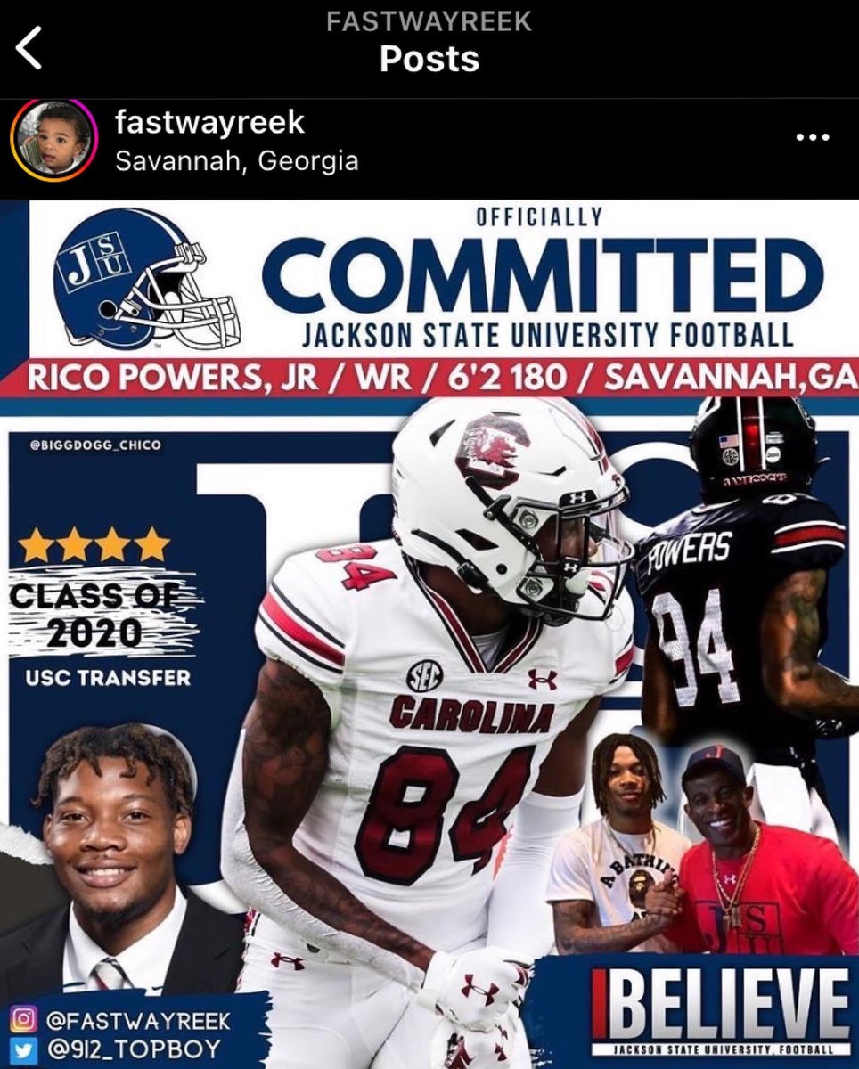 Former South Carolina 4-Star WR Rico Powers Has Committed To Jackson State,  Per His Social Media. That Wide Receiver Room At Jackson State Is  Different‼️ #IBelieve (📸: @912_TopBoy ), image size:964x1200