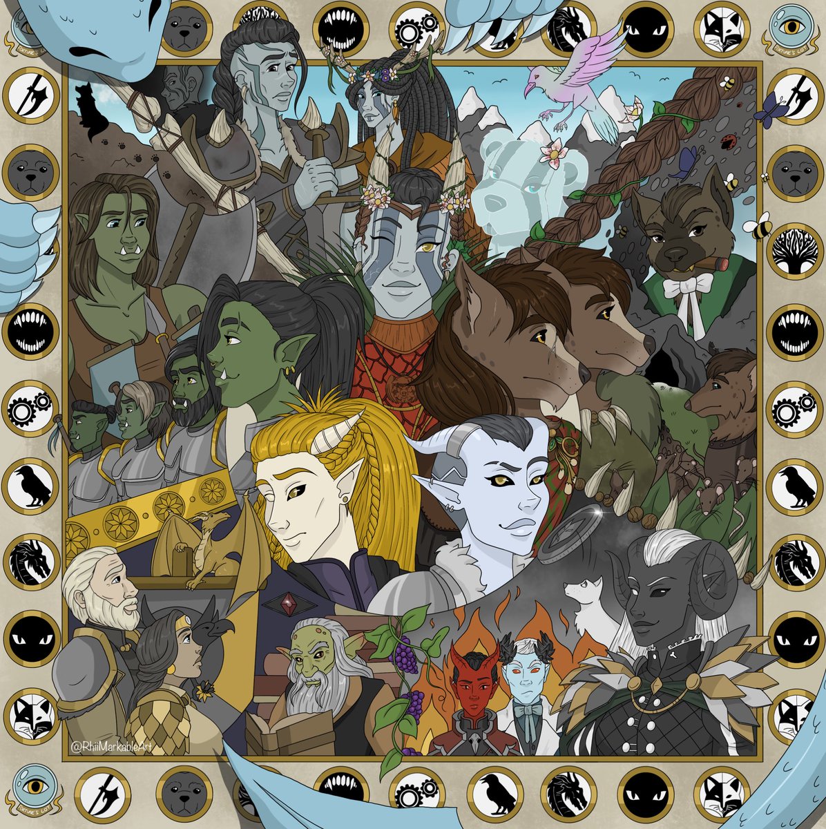 The monster poster for my D&amp;D campaign is finally done!! 
A gift for my wonderful DM <a href="/ArenaHyena/">Professor Baddeus</a> 

Party (clockwise)-
Lovia- meeee
Scout- <a href="/hannatale/">hannah taylor</a> 
Kaz- @kazmergrimm 
Keen- <a href="/KeenOnDunamancy/">Probably Moo 🏳️‍⚧️ 🏳️‍🌈</a> 
Cass- <a href="/DMSR__/">Vee 🔞🍺 ianthe's personal ashtray</a> 

#dnd #dungeonsanddragons
