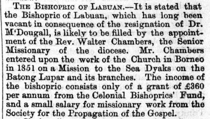 AustAnglican's tweet photo. 5 June 1870: the Rt Revd Walter Chambers (1824-1893) installed in the old St Thomas' Church, Kuching, as 2nd Bishop of Labuan and Sarawak. #anglican #152years The former Archdeacon of Sarawak was given the authority to select any church to be his Cathedral, settling on Singapore. https://t.co/Hnp4Z59oe4