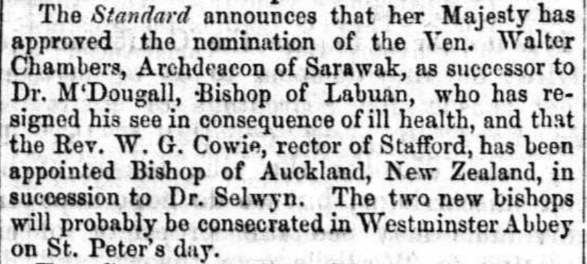 AustAnglican's tweet photo. 5 June 1870: the Rt Revd Walter Chambers (1824-1893) installed in the old St Thomas' Church, Kuching, as 2nd Bishop of Labuan and Sarawak. #anglican #152years The former Archdeacon of Sarawak was given the authority to select any church to be his Cathedral, settling on Singapore. https://t.co/Hnp4Z59oe4