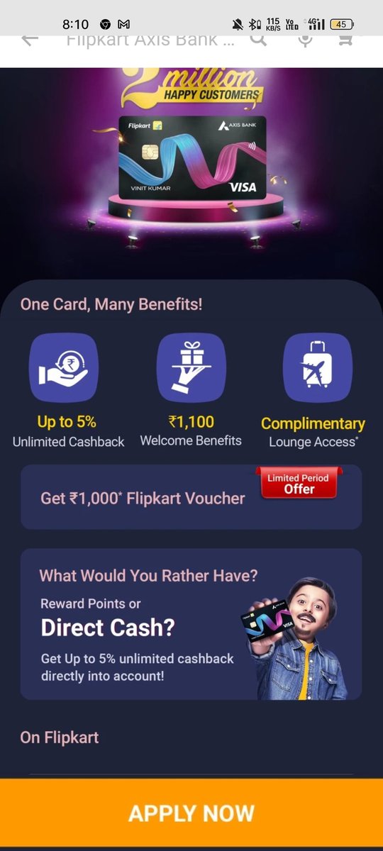 reach_kumar07's tweet photo. @flipkartsupport @Flipkart I applied for Flipkart axis credit card with offer of rs 1000 gift card of flipkart but welcome letter i received say it will gave 500 only, why such descrepency? I do have screenshot of app while i wass applying for it. https://t.co/KCwAFGoeGJ
