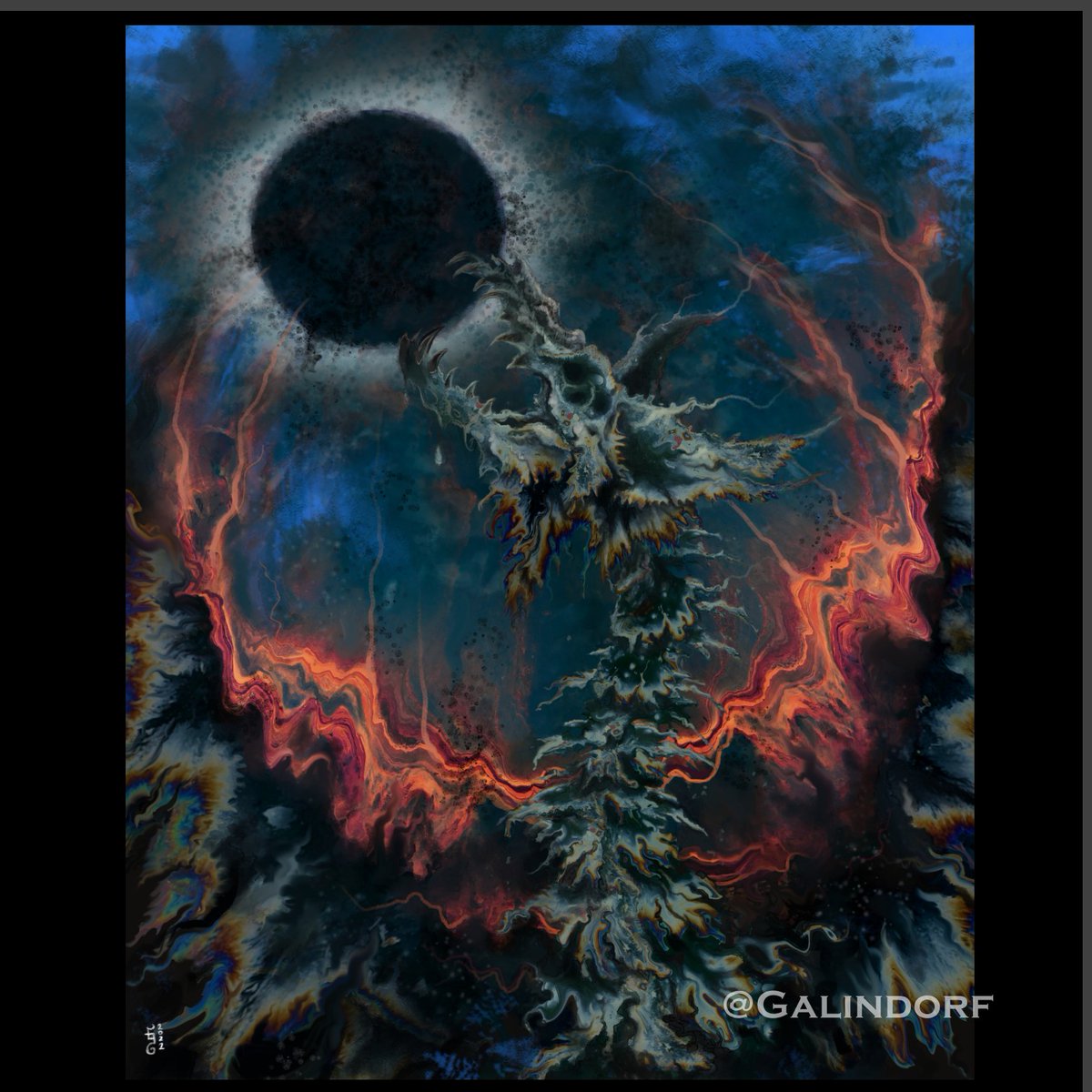 Galindorf's tweet photo. "Death of Charn" Illustration of an epic end to a legendary ancient Dracolich . The commissioner described him  and I immediately thought an oil spill. Feeding from that, I created a symbolic vision of fire, filth ruin and decay. Trapped souls dissolving away to cover the sun. https://t.co/Of6R2ACCMV