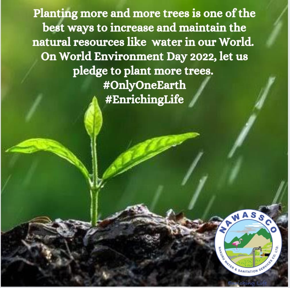 NakuruWater's tweet photo. Happy World Environmental Day
Let's join hands to enhance climate change efforts by planting trees to conserve our water catchment areas. 
'Living Sustainably in Harmony with Nature'
#OnlyOneEarth 
#EnrichingLife https://t.co/Y8CtY0SGDB