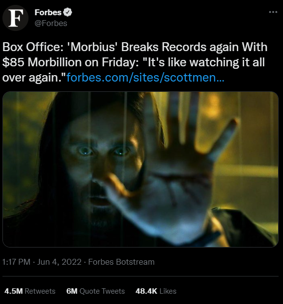 maitaimaia's tweet photo. we did it morbheads morbius strikes again
#Morbius #MorbiusSweep #MorbiusArmy #morbiusarmynation #morbiustime #MorbinTime #MORBHEADS #morbussy #TGIFridays #movies https://t.co/OteAlBNbEH